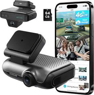 4G LTE Dash Cam with 64GB Card, Dual 2K Dash Cam Front Inside, Car Camera with Remote Live View, 24/7 Sentry Mode, GPS, IR Night Vision, Two-Way Audio, App Alerts, Cloud/SD Storage, OBD Cable Included