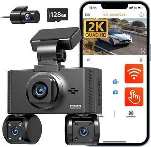 4 Channel Dash Camera for Cars Front and Rear Inside, 2K+1080P FHD Dashcam Built-in WiFi with 128GB Card, 170° Mini Car Camera, 3.16 IPS Touch Screen, WDR Night Vision, G-Sensor, 24H Parking Mode