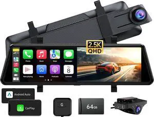 JOMISE C810 CarPlay Mirror Dash Cam Front and Rear - 2.5K Rear View Mirror Camera, HDR Night Vision, FM/Wireless Audio, DIY 10-Min Install, Extreme Temp Resistant for Snowbelt & Vintage Cars