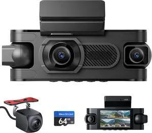 4-Channel Dash Cam Front and Rear Inside Left Right, 1080P Dash Camera for Cars, 3" IPS Screen, Night Vision, with 64GB Card, Support Optional 24/7 Recording Parking Mode, GPS