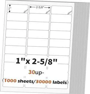 1" x 2 5/8" (1000 Sheets) Address Labels Sticker Paper for Laser/Ink Jet Printer, Printable and Writable White Sticker Label- Matte, 30 per Page Label (Total 30000 Labels) 1" x 2 5/8" (1000 Sheets) Address Labels Sticker Paper for Laser/Ink Jet Printer, Printable and Writable White Sticker Label- Matte, 30 per Page Label (Total 30000 Labels)