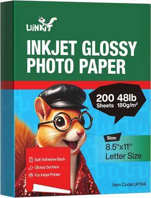 Uinkit 200 sheets Bright White Single Sided Glossy Photo Paper 8.5x11 Letter Size 180gsm 48lb Instant Dry Dye Inkjet Paper, Smudge Resistant Professional Printing Papers for Home/Office Trial Use Uinkit 200 sheets Bright White Single Sided Glossy Photo Paper 8.5x11 Letter Size 180gsm 48lb Instant Dry Dye Inkjet Paper, Smudge Resistant Professional Printing Papers for Home/Office Trial Use
