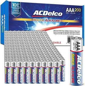 ACDelco AAA Batteries, Maximum Power Super Alkaline Battery, 10-Year Shelf Life, Recloseable Packaging, 200 Count ACDelco AAA Batteries, Maximum Power Super Alkaline Battery, 10-Year Shelf Life, Recloseable Packaging, 200 Count