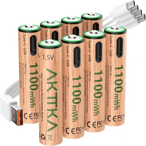 Rechargeable AAA Lithium Batteries 8 Pack, 1100mWh, USB-C Charging