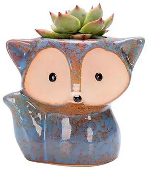 Fox Ceramic Succulent Pot Cartoon Bonsai Pot Multi-Function Small Plant Holder with Drain Hole Succulent Planter for Home Office