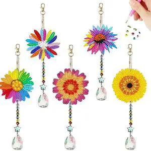 5Pcs Acrylic Double Sided Flower Diamond Painting Keychain Diamond Painting Art Keychain Pendant for Home Birthday Party Decor