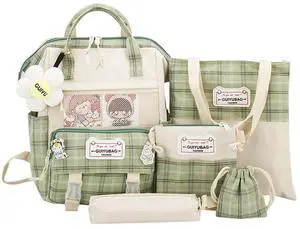5pcs Kawaii Backpacks for Girls Preppy Style Plaid Large Shoulder Mochila Packs