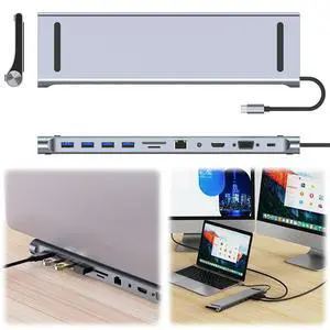12/11/10/8/6 in 1 USB C Docking Station with HDMI-Compatible VGA Ethernet USB C Hub Triple Display 100W Audio Multiport Adapter