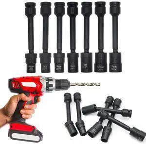 7 Piece 1/2 Inch Drive Impact Driver Extension Bar Set with Universal Swivel for Auto Repair and Home Use