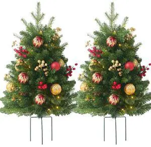 Holiday Christmas Tree with Tripod Stake Artificial Xmas Tree with Balls Berries Holiday Planter Filler for Front Porch Pathway