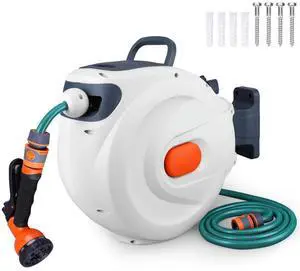 65 Ft Retractable Garden Hose Reel Telescopic Water Hose Reel Slow Return System 180 Degree Swivel Bracket for Car Washing