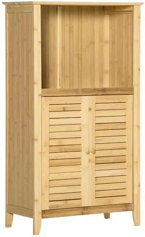 Bamboo Floor Cabinet - Bathroom Storage Organizer Tower - Living Room Cabinet with Shelves & Doors - Natural Finish