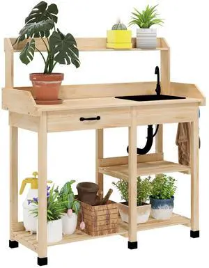 Potting Bench Table Outdoor, Garden Work Station with Sink, Wooden Planting Table with Drawer, Shelves & Hooks
