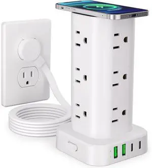 Bobobigo Power Strip Tower with Wireless Charger, Flat Plug Surge Protector Tower with 6FT Extension Cord, 12 AC Multiple Outlets, 4 USB (2 USB C),15W Wireless Charging Power Tower for Home Office