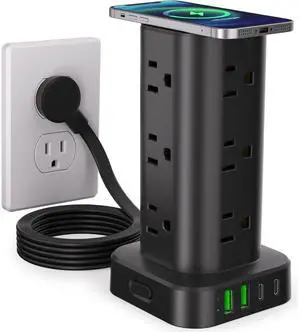 Bobobigo Power Strip with Wireless Charger, Flat Plug Surge Protector with 6FT Extension Cord, 12 AC Multiple Outlets, 4 USB (2 USB C), 15W Wireless Charging Power Tower for Home Office Dorm, Black