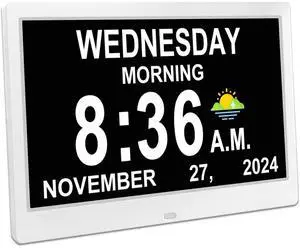 Bobobigo Digital Calendar Alarm Clock - Dementia Clocks for Seniors, Non-Abbreviated Memory Loss Clock with Date and Time for Elderly (White)