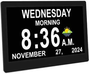 Bobobigo Dementia Clock for Seniors, Digital Clock with Date and Day of Week, Auto DST, Non-Abbreviated Large Calendar Alarm Clocks (Black)