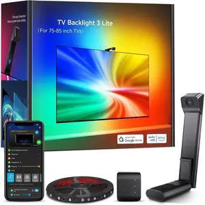 Bobobigo TV Backlight 3 Lite with Fish-Eye Correction Function Sync to 75-85 Inch TVs, 16.4ft RGBICW Wi-Fi LED Strip Lights with Camera, 4 Colors in 1 Lamp Bead, Voice and APP Control, Adapter