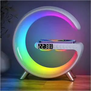 Bobobigo Smart LED Table Lamp, 4-in-1 Wireless Charger, Night Light, Alarm Clock, and Bluetooth Speaker with App Control for Bedroom, Office, and Home Decor (White)