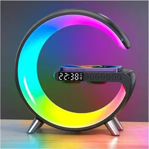 Bobobigo Smart LED Table Lamp, 4-in-1 Wireless Charger, Night Light, Alarm Clock, and Bluetooth Speaker with App Control for Bedroom, Office, and Home Decor (Black)
