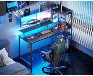 Bobobigo Reversible Gaming Desk with Power Outlets and LED Lights, 48 Inch Computer Desk with Storage Shelves and Monitor Stand, Modern Writing Study Desk for Home Office, Carbon Fiber Black Bobobigo Reversible Gaming Desk with Power Outlets and LED Lights, 48 Inch Computer Desk with Storage Shelves and Monitor Stand, Modern Writing Study Desk for Home Office, Carbon Fiber Black