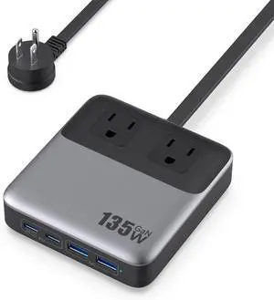 6-in-1 Charging Station USB C Power Strip with 5ft Cord and Plug 135W GaN-IV USB C Charger Block 2 AC Outlets 2 USB-A 2 USB-C for MacBook iPhone 16/15/14 Fast Charging Desktop Charger for Office Home