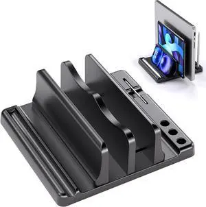 Vertical Laptop Stand Holder - Adjustable Width 6-in-1 Design Space-Saving Desktop Stand Desk OrganizerCompatible for MacBooks Tablets Lap All Phone (Black)