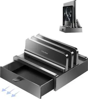 Vertical Laptop Stand with Drawer Dual Slots Plastic Laptop Holder with Space Saving 4-in-1 Design Adjustable Laptop Stand for Desk Supports MacBook Chromebook Surface