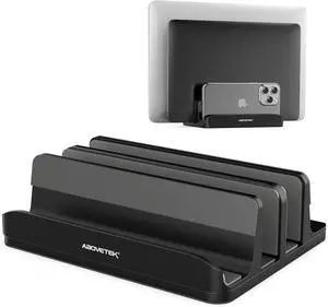 Vertical Laptop Stand Holder 3 Slots Aluminum Desk Stand with Adjustable Dock Size for Tablet MacBook Phone - Universal Fit (up to 17.3) - Heavy Duty Polished Anti Slide - Black