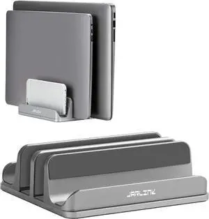 4-in-1 Adjustable Vertical Laptop Stand Holder Aluminum Dual Slots Laptop Rack for Desk Space-Saving Organizer Compatible with All MacBook Surface Chromebook and Gaming Laptops (Grey)