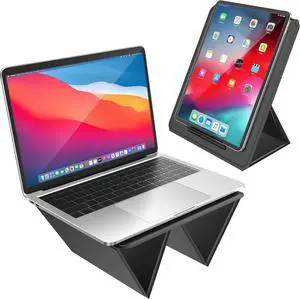 Ergonomic Laptop Stand & Tablet Holder for Desk Portable Foldable Computer Riser Adjustable Angle Travel Stand for MacBook Air/Pro iPad Fits 13-16 inch Devices Ultra-Sleek PU Leather-(Black)