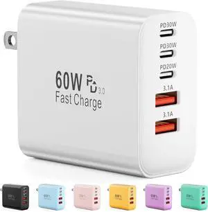 USB C Charger Block 60W 5-Port Type C Charger Fast Charging Block USBC USB Multiple Port Wall Charger Plug Adapter for iPhone 17/Air/16/15/14/13/12/11 Pro Max  Galaxy iPad Tablet (White)