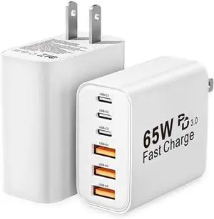 USB C Charger Block 2-Pack 65W 6-Port USB C Wall Charger iPhone Charger Fast Charging PD Power Adapter+QC Wall Plug Multiport Type C Brick Chargers for iPhone 17 16 15 14 13 12 11 Pro Max XS