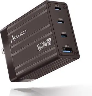 ACOUCOU 100W USB C Charger 4-Port GaN Fast Charging Foldable Compact Laptop Charger Power Adapter for MacBook Ipad iPhone Galaxy S24 Ultra Steam Deck Google Pixelbook and More