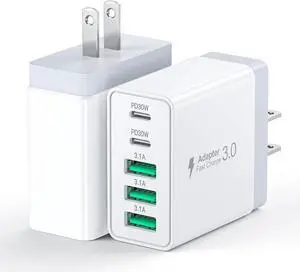 [2-Pack] 60W USB C Wall Charger 5-Port Fast USB C Charging Block 30W Type C Power Adapter 2USB C+3USB A Multiport Charging Cube USB A Wall Plug for iPhone 17/16/15 Pro Max Plus MacBook  Galaxy