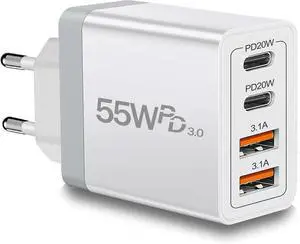 European Travel Plug Adapter USB C 55W USB C European Charger 4-Port Fast Charger Type C Wall Charger USA to Europe Plug Adapter for iPhone 17 16 15 14 13 12 11 Pro Max X 8 Galaxy Android