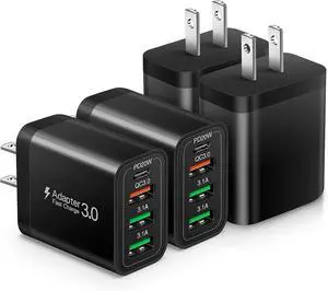 [4 Pack] USB-C Wall Charger 35W 4-Port Quick 3.0+PD 3.0 Power Adapter USB Fast Plug Charging Block Compatible for iPhone 16/15/15Pro/14/14 Pro/Max/14 Plus/13/12/11 XS/XR/X  Galaxy Tablet