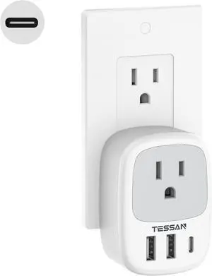 Wall Charger Block 3 USB Charging Ports (1 USB C) and 1 AC Outlet Splitter 1875W Wall Outlet Extender Multi Plug Adapter for Cruise Home Office Dorm Room Essentials