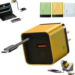 3 in 1 Charger Retractable Phone Charger Wall Plug with Scalable 80w Max Fast Charging Module Type C Cable and 2 USB Ports for iPhone Phone Laptops (Yellow)