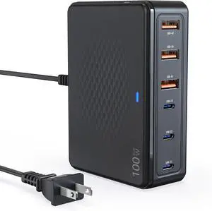 100W USB-C Fast Charger GaN III 6 Port PD+QC Multiport Charging Station Hub Block Cube USB-C Wall Charger Power Strip Adapter Plug for iPhone 17 17 Air 16 15 Pro Max Galaxy S25 S24-5ft Cord