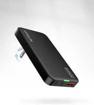 65W GaN USB C Wall Charger Block 3 Port Ultra Thin Flat USB-C Charging Plug Foldable USB Power Adapter for MacBook iPhone 15/16  (Black 65w)