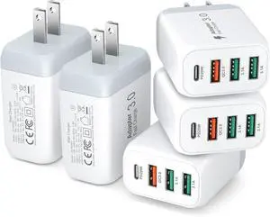 5 Pack USB C Wall Charger 40W QC+PD 3.0 Fast Charging Block Multiport USB Wall Plug Power Adapter Compatible for iPhone 17 16e 15 14 13 12 11 Pro Max Air Galaxy Pixel(White)