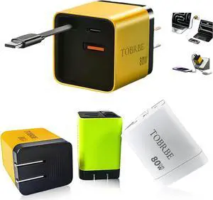 Tobre 3 in 1 GaN Charger Scalable 80W Max Fast Charging Block with Retractable Type-C Cable & 2 USB Ports All-in-One Wall Charger for iPhone 16/15/14 Galaxy S25 Pixel Laptops (Yellow 70)