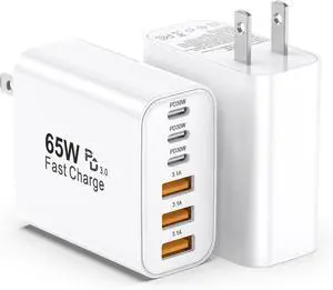 USB C Charger Block 2 Pack 65W 6 Port USB C Wall Charger 6 in 1 iPhone Charger Fast Charging PD+QC Power Adapter Multiport Type C Brick Chargers for iPhone 17/16/15/14/13/12/Pro Max/XS/