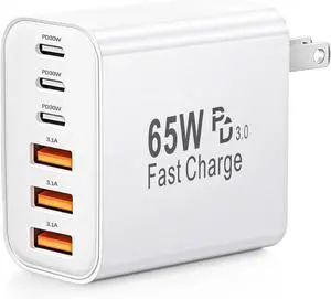 65W USB C Charger Block 6-Port Type C Charger Fast Charging Block PD 3.0 USB Multiport Chargers Brick QC Power Charger Adapter for iPhone 17/16/15/14/13/12/11 Pro Max iPad iPod  Galaxy