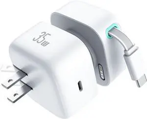 Retractable Wall Charger 35W PD Fast Charger Block with Type C Retractable Cable (31.5 inch) and Type C Ports Portable Charger Adapter for iPhone 17/16/15 Pro Max/Galaxy/Pixel & More