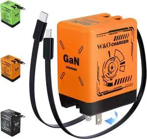 W&O 2-in-1 Compatible with Fast Charger Retractable Wall Fasts Charging Power Adapter with All in One Foldable Plug Scalable Power Module for Phone Tablet (Orange)