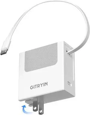 Gitryin Portable USB C Charger Block, Retractable Wall Charger, 40W PD Fast Charging Block with 31.5in Type-C Cable, Power Adapter with Foldable Plug for iPhone 16/15, Galaxy S23 22, White
