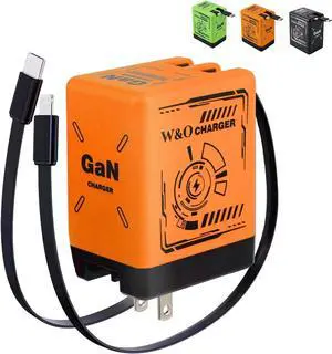W&O Smart Charger 2 in 1 W&O 120w Fast Charger Retractable Wall Fast Charger Portable Charger with All in 1 Foldable Plug Fast Charging Power Adapter for Smartphones (Orange)