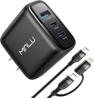 MINLU 65W USB C Charger Block GaN 3-Port Compact Fast PPS Type C Wall Charger with 6Ft 100W 2 in 1 USB-C/L Cable Fast Charging for MacBook Pro/Air iPad iPhone 17/16/15 and More Series Galaxy S24 UItra